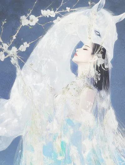 Asian Ballet Dancer with Branches and White Flowers