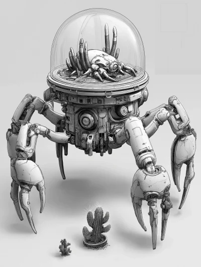 Sci-Fi Robot with Crab Legs and Cactus Alien Plant Life