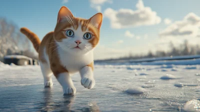 Ginger cat walking on frozen river