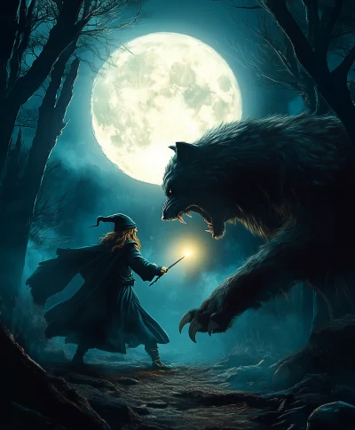 Redhead Wizard Fighting Wirewolf in Dark Forest