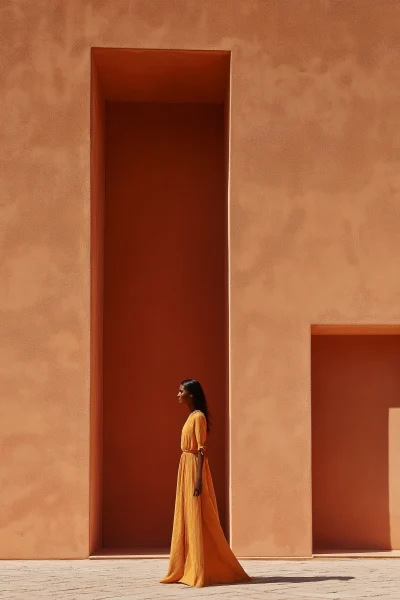 Minimal Abstract Terracotta Building with Woman in Gucci