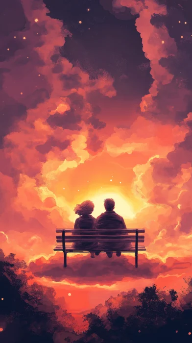 Elderly couple watching sunset on a cloud sketch