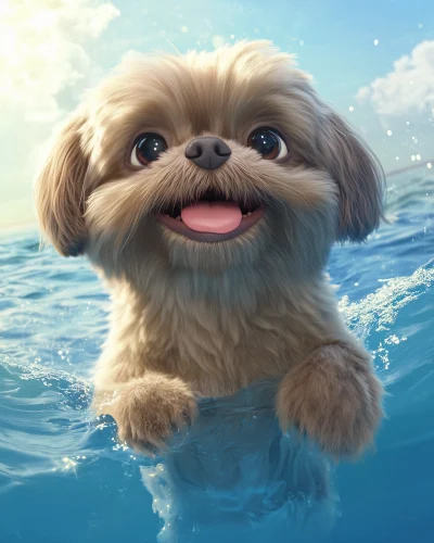 Happy Shitzu Puppy Swimming