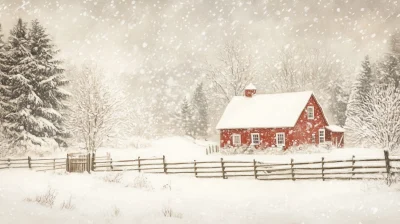 Red Farmhouse in Snow