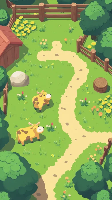 Cartoon Grass Farm Map with Yellow Cow