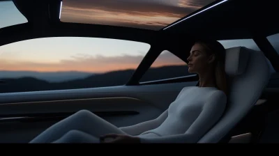 Futuristic Car Interior with Woman Meditating under Panoramic Vision Roof Display