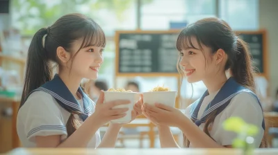 Schoolgirls Feeding Each Other Noodles