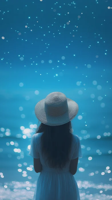 Tranquil Water’s Edge Scene with Girl in Straw Hat