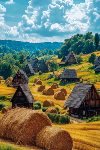 Countryside Village with Hay Field