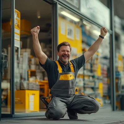 German Craftsman Celebrating in Front of Hardware Store