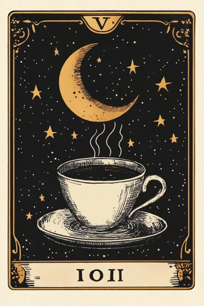 Tarot Card Illustration of Coffee, Stars, and Moon