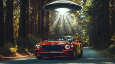 Enormous Flying Saucer over Red Bentley Convertible