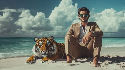 Elegant Man with Tiger on the Beach