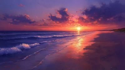 Serene Beach at Sunset Oil Painting