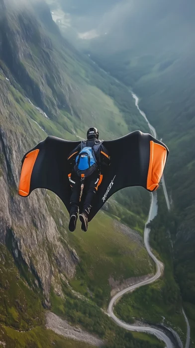 Man in a wingsuit flying over the highlands of Scotland