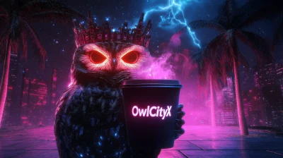 Neon Glowing Owl and Coffee Cup