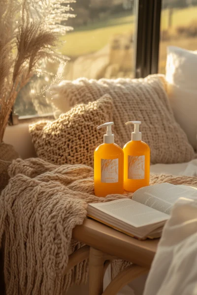 Lemon Body Lotion Bottles on Wooden Bench