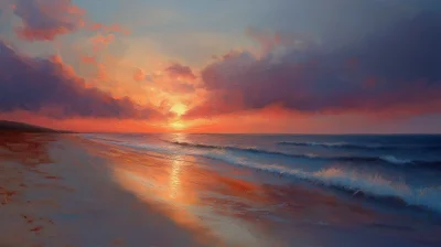 Serene Beach at Sunset Oil Painting