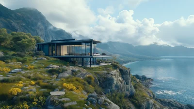 Modern Glass and Steel House on Rocky Cliff