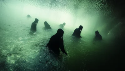 Group of witches gathering at the lake