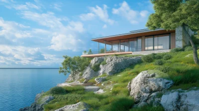 Modern Glass and Steel House on Rocky Cliff