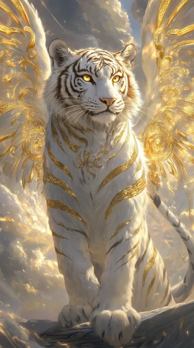 Golden Patterned White Tiger with Cloud Wings