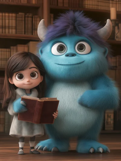 Fluffy Little Purple Blue 3D Monster in a Library Room with a Girl