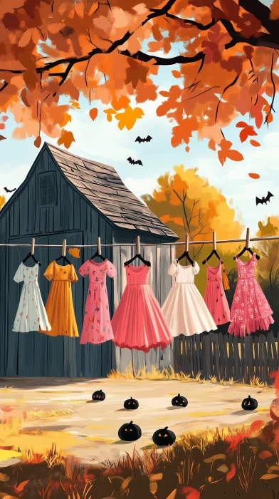 Assorted Halloween Costumes on Clothesline