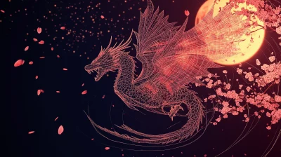 Wireframe Dragon with Cherry Blossoms