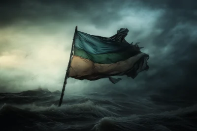 Tricolor Flag Flying over Sea in Stormy Weather