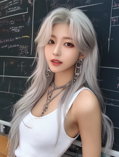 Silver-haired Kpop Woman with Accessories