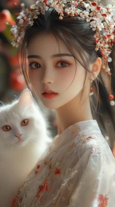 Chinese Girl in Traditional Attire with Ragdoll Cat in Flower Garden