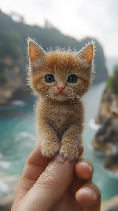 Micro Baby Cat Perched on Human Finger