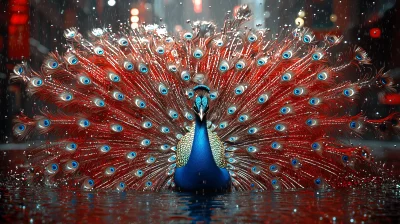 Extreme Close Up Diving Peacock in Submerged City Street