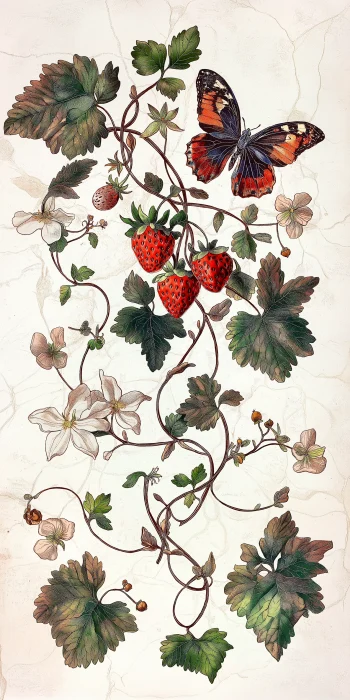 Vintage Scientific Illustration of Strawberry Plant and Flowers