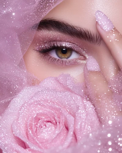 Closeup Hands Holding Glittery Pink Rose