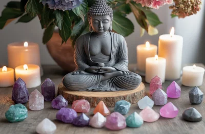 Buddha Statue and Chakra Crystals