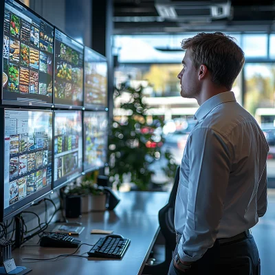 Man Watching Screens in Modern Room