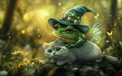 Whimsical Wizard Frog Riding Cat in Fairy Forest