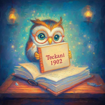 Owl writing a book with Teckani 1902 inscription