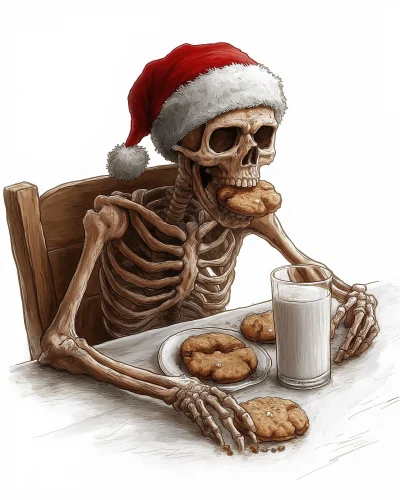 Skeleton Santa enjoying cookies and milk