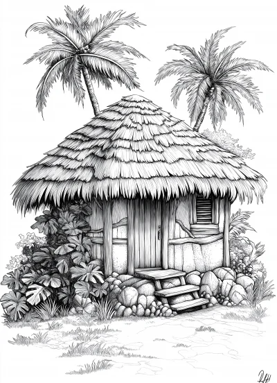 Coconut Shell Hut Coloring Page