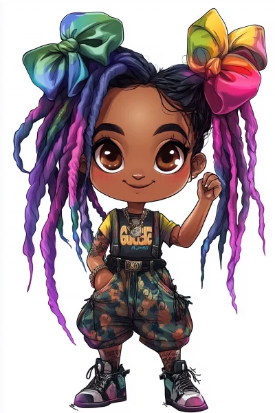 Chibi style chibi base with dreadlocks in rainbow