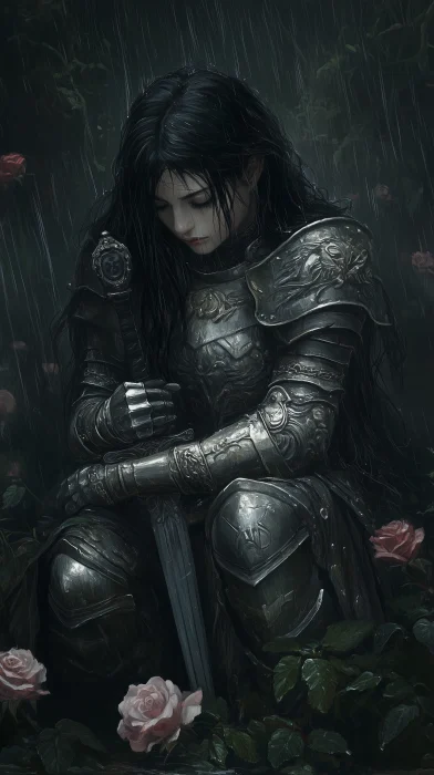 Woman in Plate Armor in the Rain