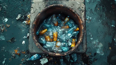 Overhead Shot of Overflowing Trash Can with Plastic Bottles