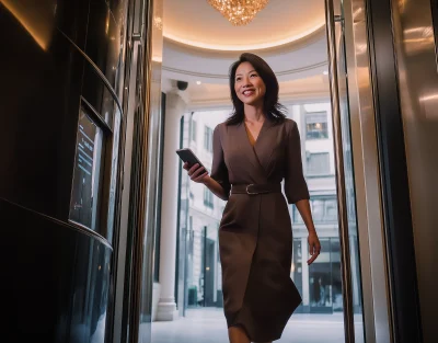 Elegant Asian Mom in Luxury Hotel Entrance