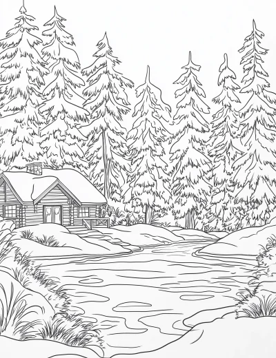 Winter Cabin Coloring Page