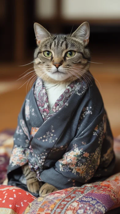 Cat in Kimono on Cushion