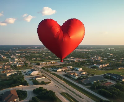 Giant Red Balloon Heart over Small Texas Town