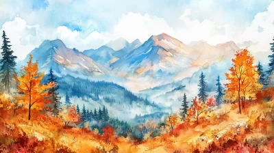 Autumn Leaves Mountain View Watercolor Painting